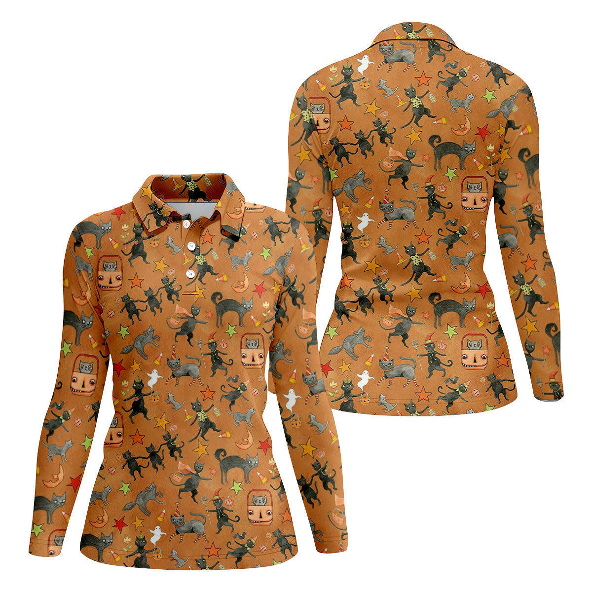 Vintage Black Cat Halloween Pattern Polo Shirt, Golf Shirts For Women, Womens Golf Tops