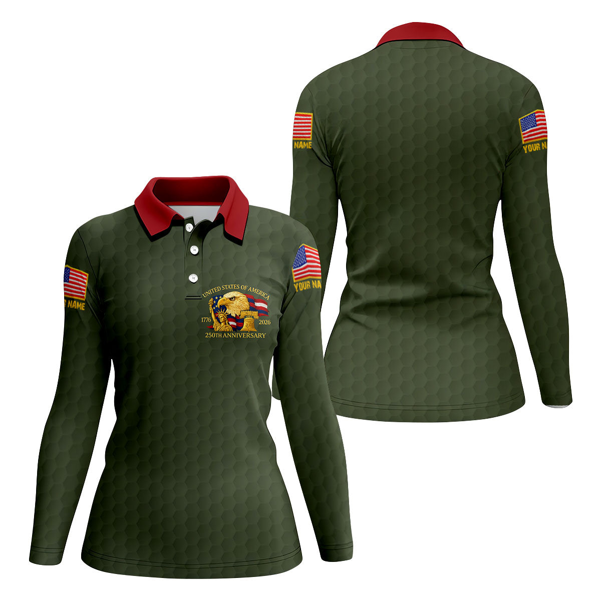 United States 250th Anniversary Patriotic Eagle Olive Custom Golf Shirts, 4th Of July Golf Shirt For Women