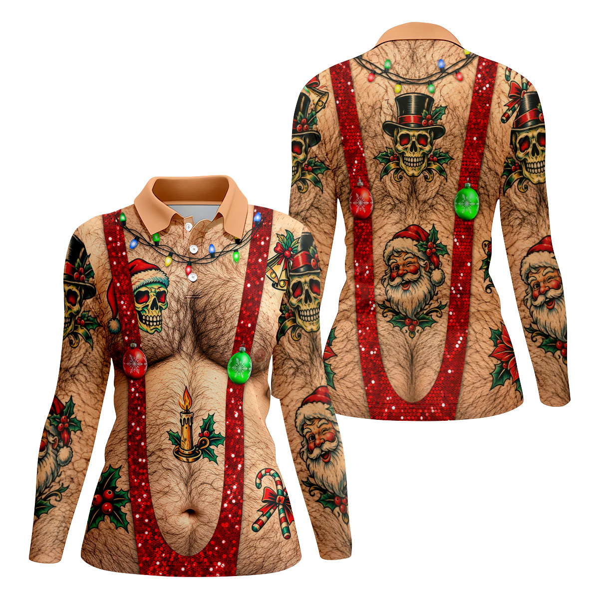 Santa Skull Hairy Chest Christmas Golf Shirt, Womens Golf Tops, Ladies Golf Shirts