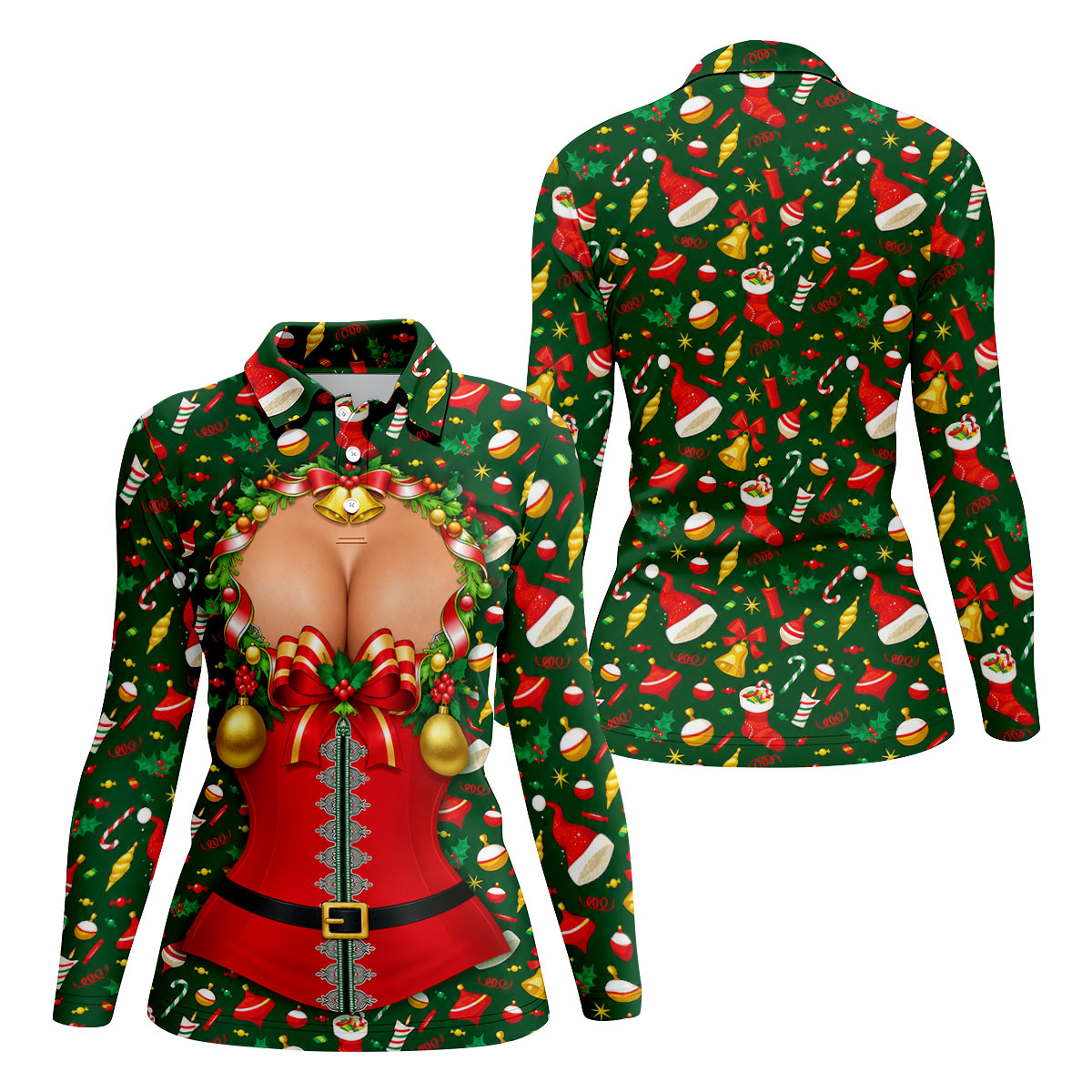 Festive Christmas Corset Bow Golf Polo Shirt, Christmas Golf Shirt, Women’s Golf Apparel