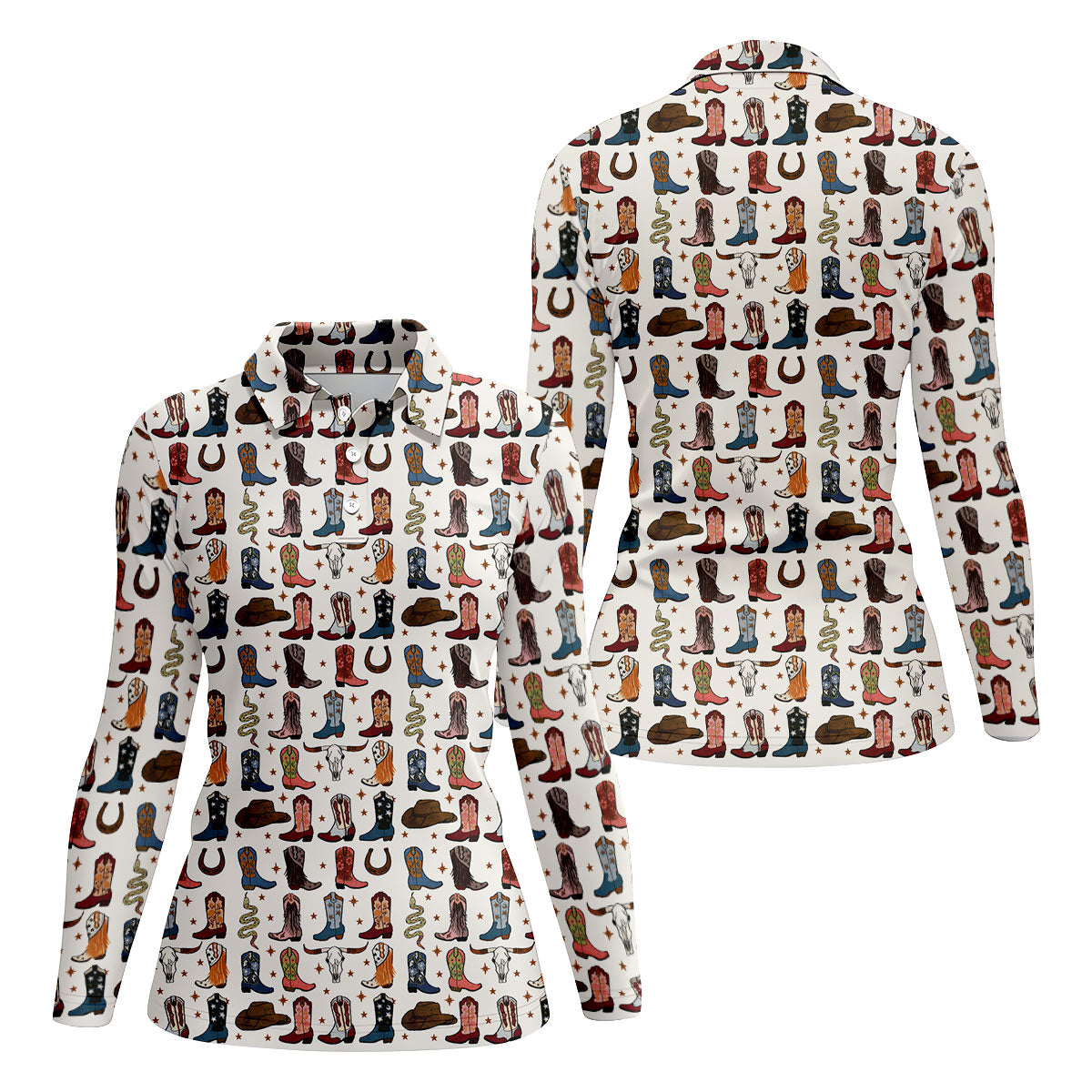 Western Cowboy Boots Horseshoes Pattern Retro Golf Shirt, Ladies Golf Polos, Golf Shirt For Women