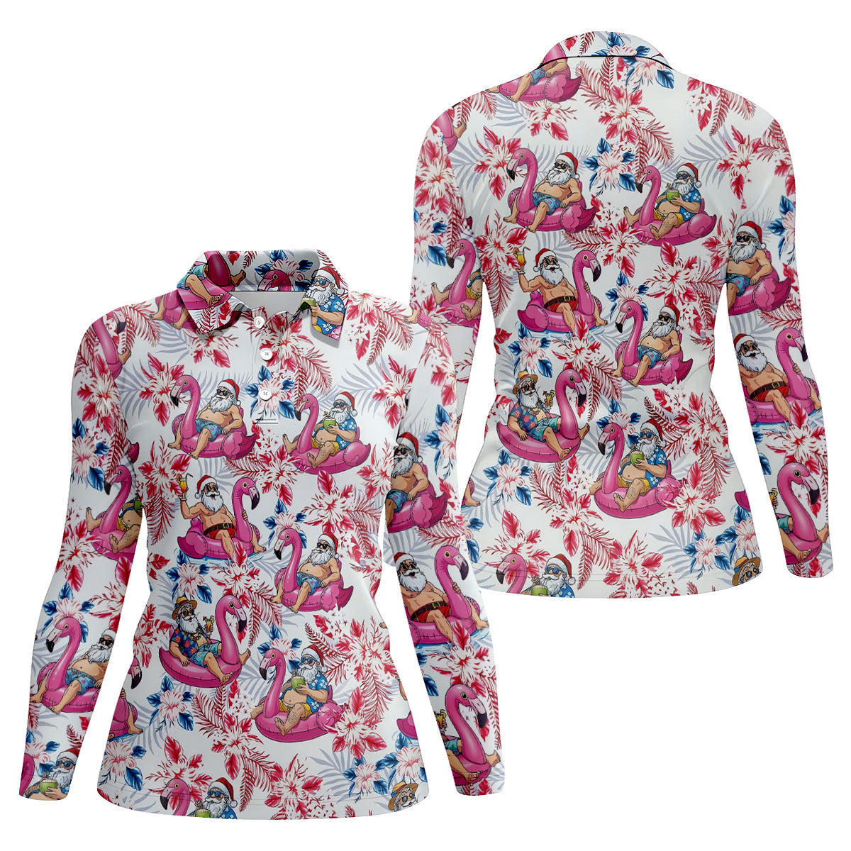 Funny Tropical Santa Flamingo Christmas Polo Shirt, Womens Golf Polo, Hawaiian Golf Shirt
