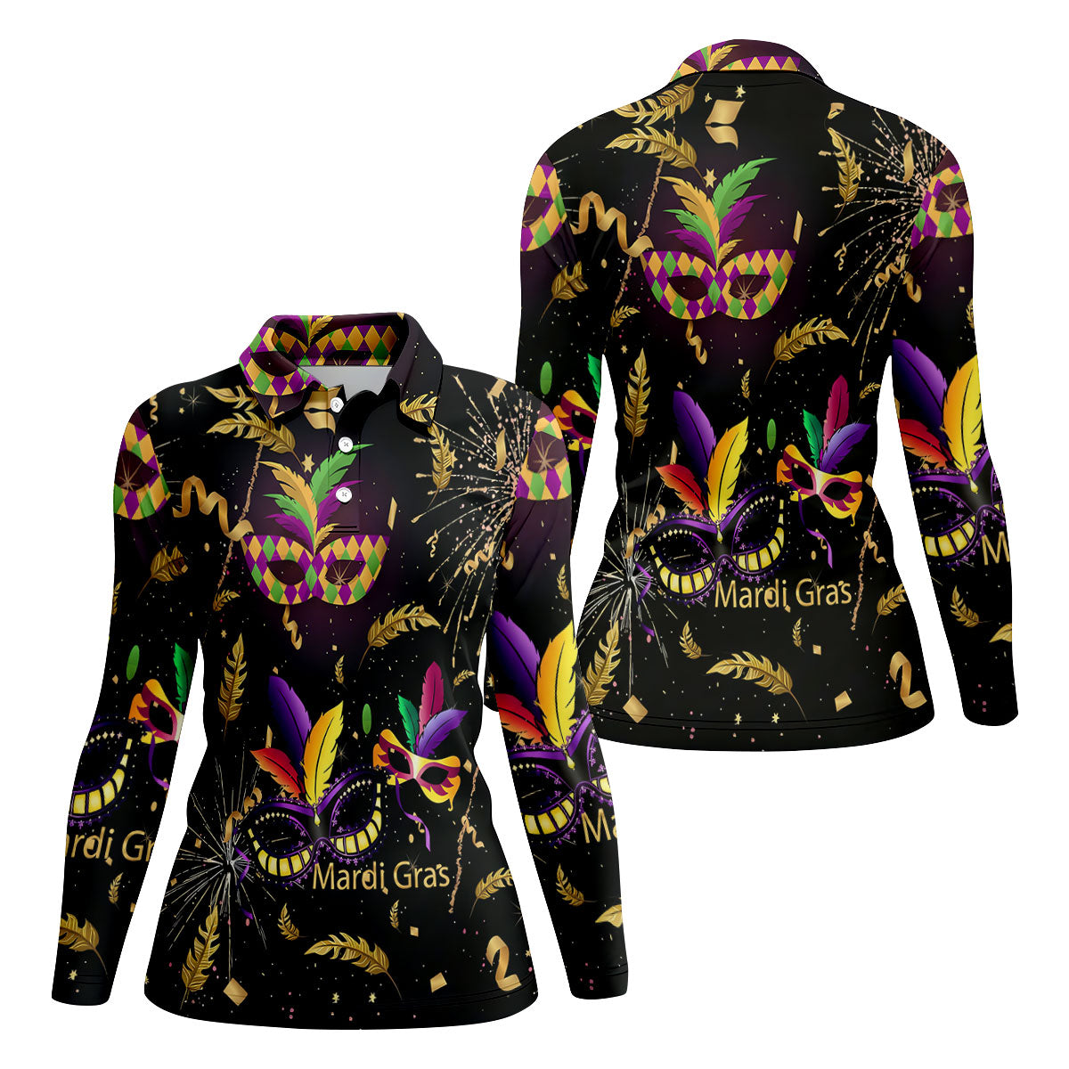 Gold Ribbons Mardi Gras Masquerade Mask Women's Golf Shirts, Women's Golf Tops, Ladies Golf Shirts
