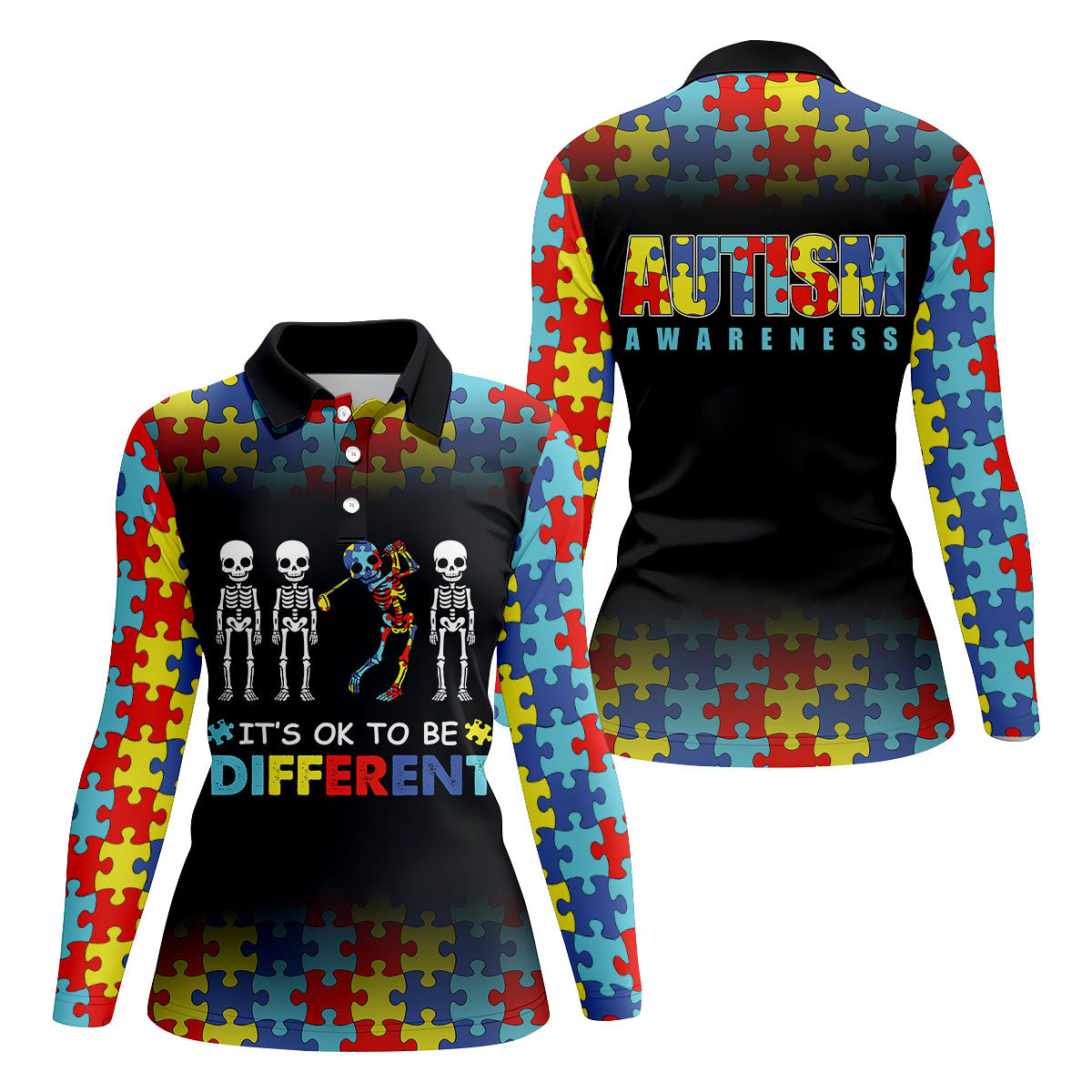It's Ok To Be Different Women Polo Shirt, Autism Awareness Puzzle Pattern Black Fade Golf Shirts For Women, Autism Golf Shirt