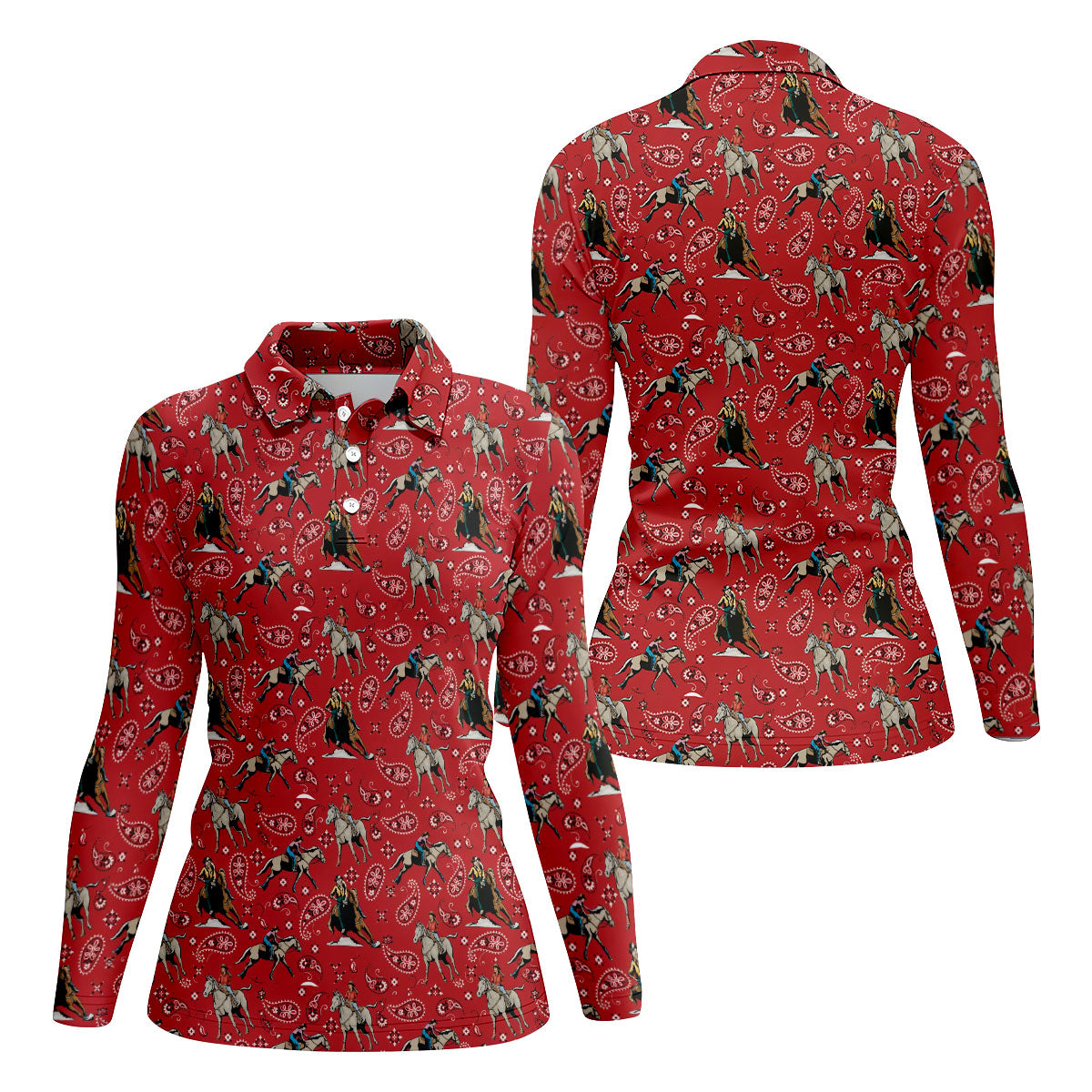 Red Cowboy Horse Paisley Pattern Golf Shirt, Ladies Golf Shirts, Women’s Golf Apparel
