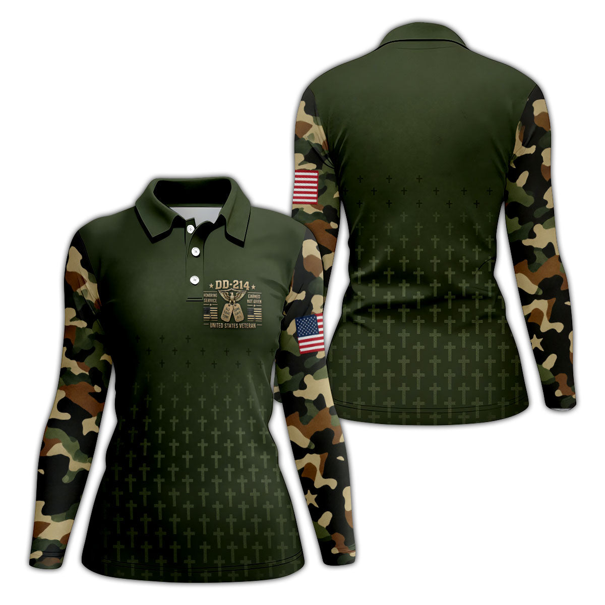 DD-214 Olive Green Cross Camo Polo Shirt, Golf Shirts For Women, Veterans Day Shirt