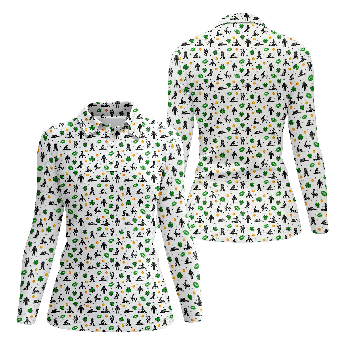 Funny Stick Figure Naughty Position Shamrock St Patrick's Day Golf Shirt, Women's Golf Tops, Ladies Golf Shirts