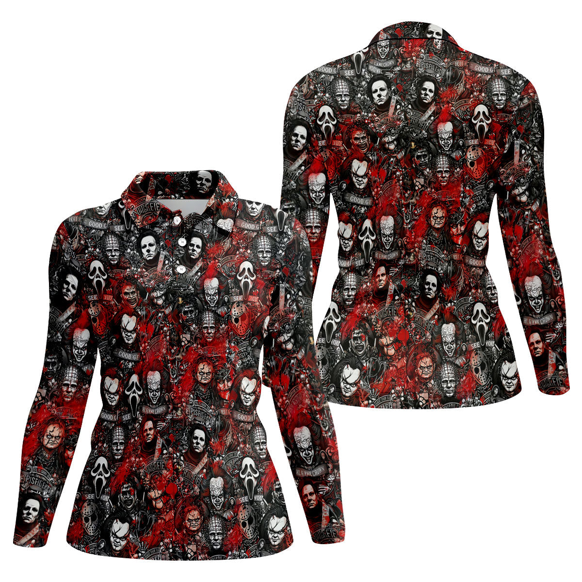 Red Horror Character Collage Halloween Golf Shirt, Women's Golf Polo, Printed Golf Shirt