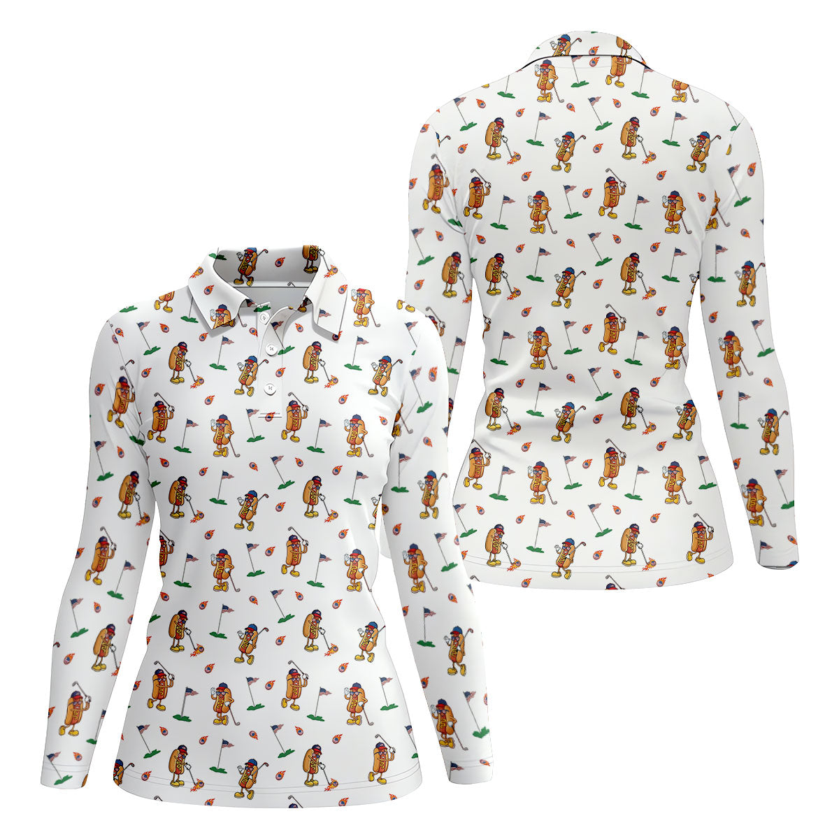 Cartoon Hot Dogs American Flag Pattern 250th Anniversary White Golf Shirt, Women's Golf Tops, Ladies Golf Shirt