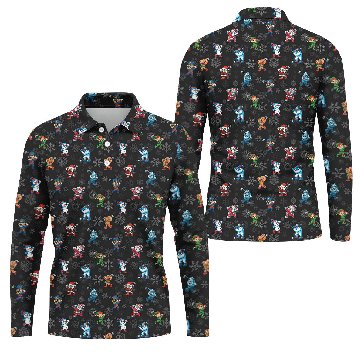 Funny Christmas Characters Golf Pose Black Golf Shirt, Christmas Golf Shirt, Polo Shirts For Men