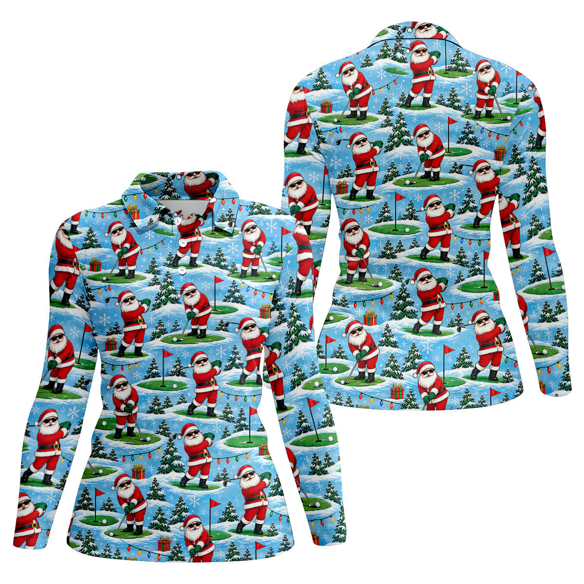 Santa Playing Golf In Snow Christmas Golf Shirt, Womens Golf Tops, Ladies Golf Shirts