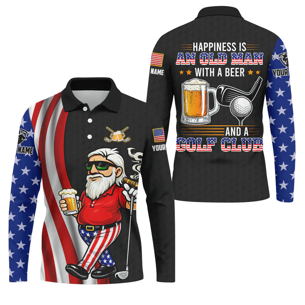 Funny Golf Gift for Men, Happiness Is an Old Man with a Beer USA Flag Polo Shirt250th Anniversary Golf Shirts For Men