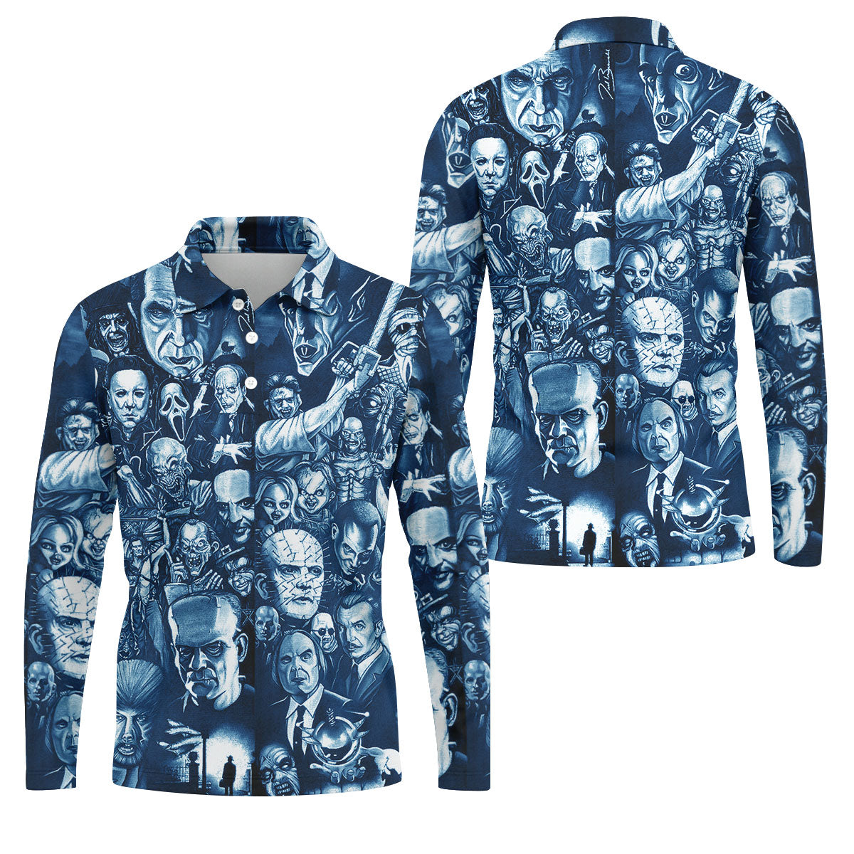 Horror Character Collage Halloween Polo Shirt, Printed Golf Shirts, Golf Apparel For Men