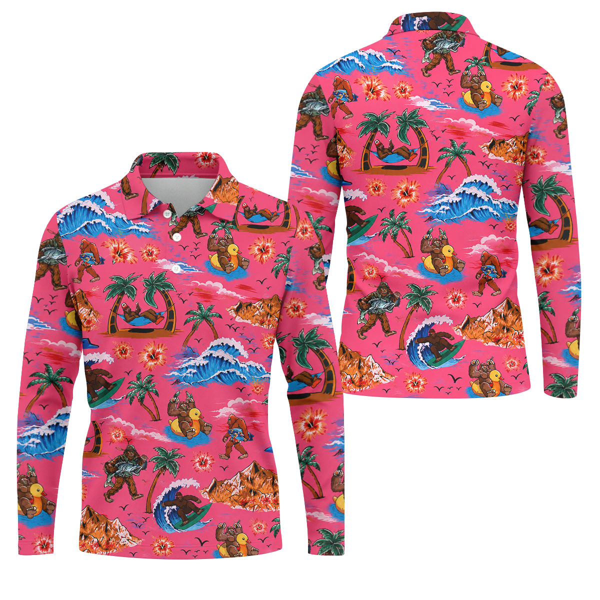 Pink Bigfoot Aloha Beach Vacation Golf Shirt, Mens Golf Polo, Printed Golf Shirts