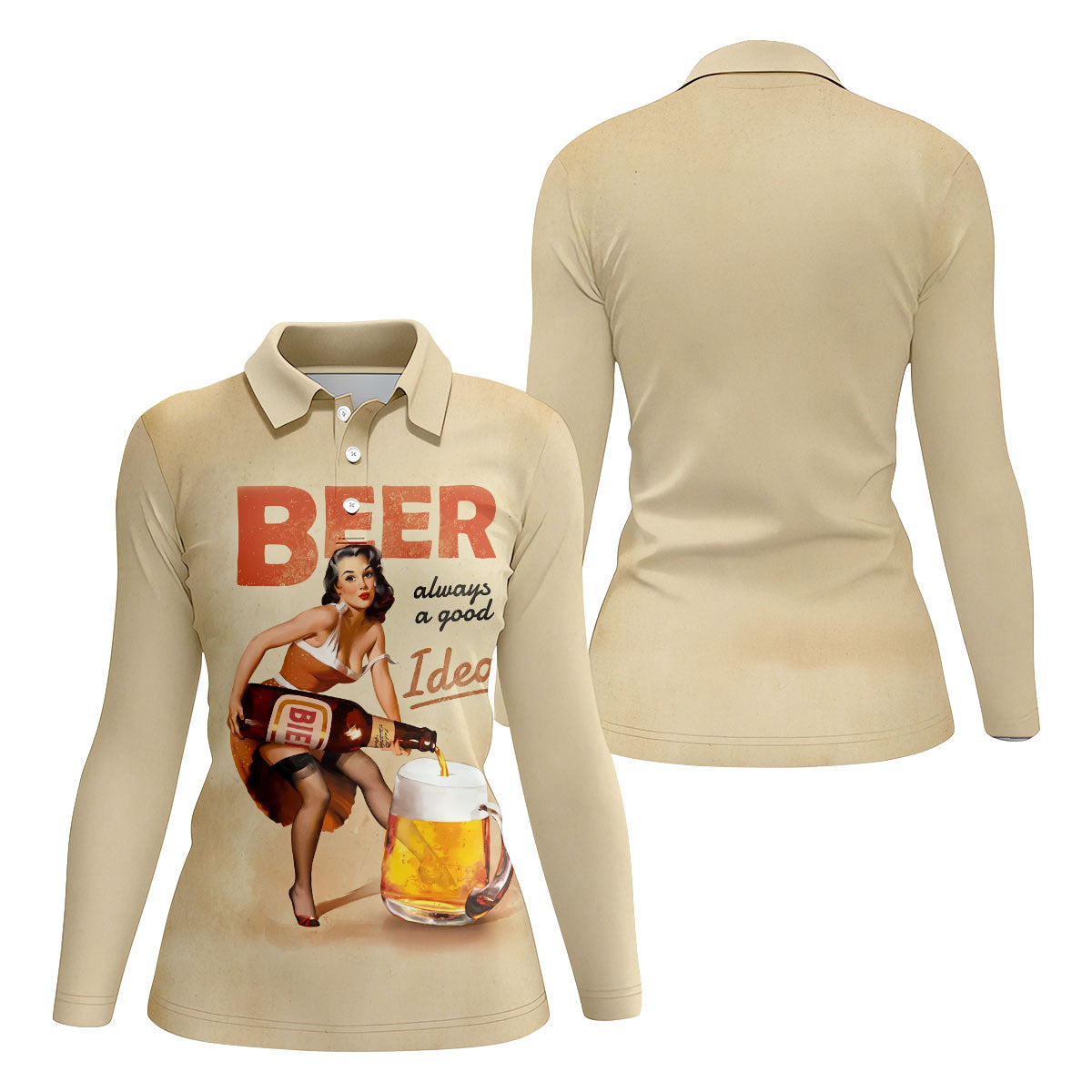 Vintage Beer Pin-Up Girl Design Golf Shirt, Women's Golf Shirt, Hawaiian Golf Shirt, Golf Polo For Women