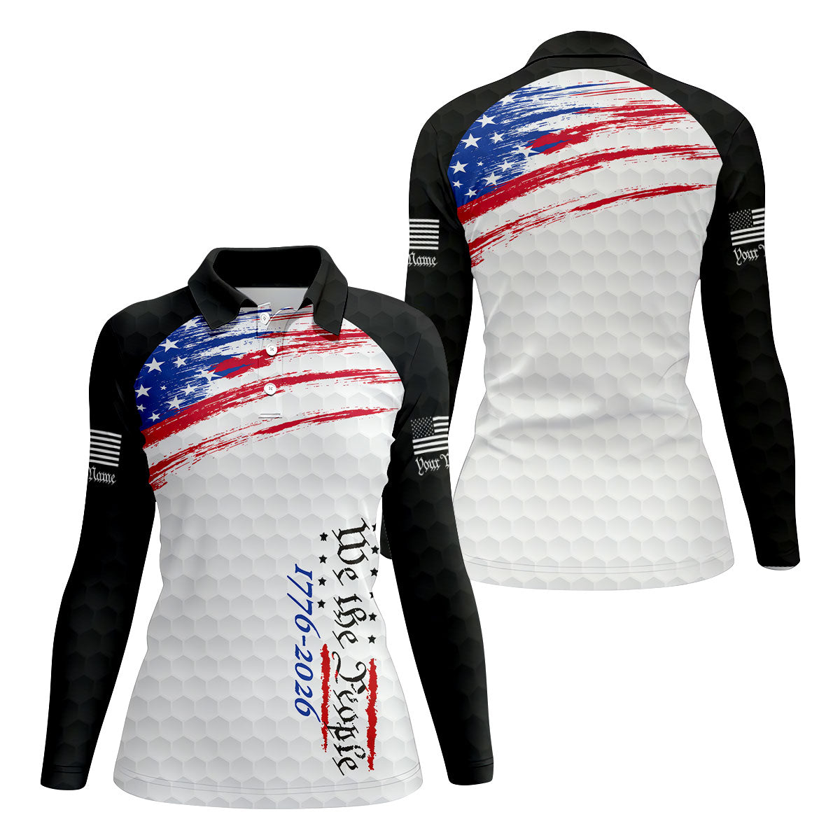 We The People 1776-2926 American Flag Brush Black Golf Shirt, 250 Years Patriotic 4th Of July Golf Shirt For Women