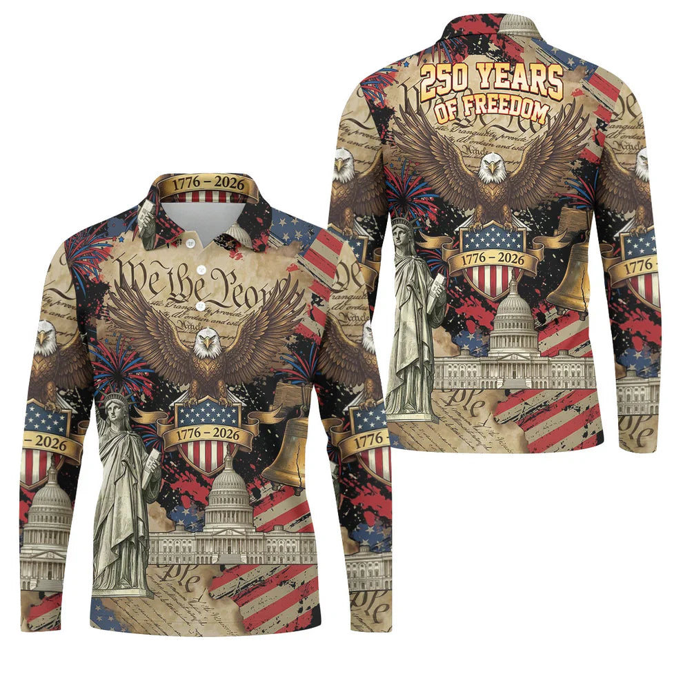 We The People Patriotic Eagle Statue Of Liberty 250 Years Golf Tops For Men, 4th Of July Golf Shirts For Men
