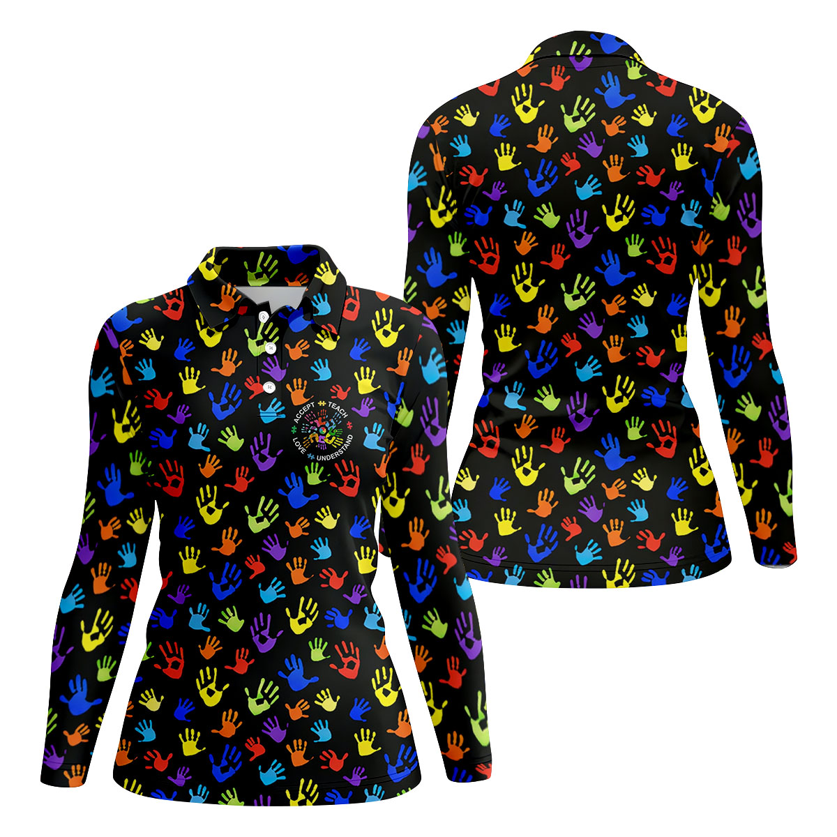 Accept Teach Understand Love Autism Awareness Colorful Handprint Black Golf Shirt, Women's Golf Tops