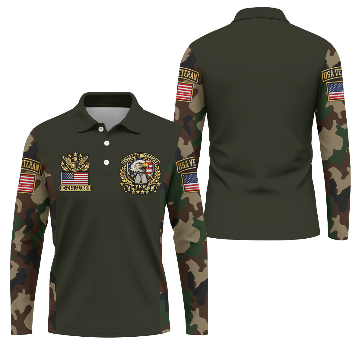 DD-214 Eagle Badge Olive Camo Polo Shirt, Men Golf Apparel, Veterans Day Golf Shirt