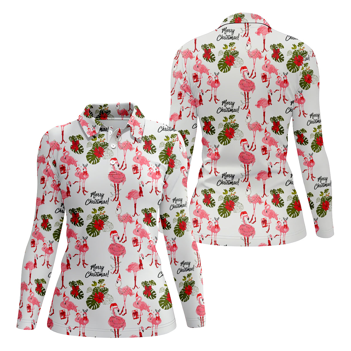 Flamingo Merry Christmas Golf Shirt For Women, Christmas Golf Shirt Polos, Ladies Golf Apparel