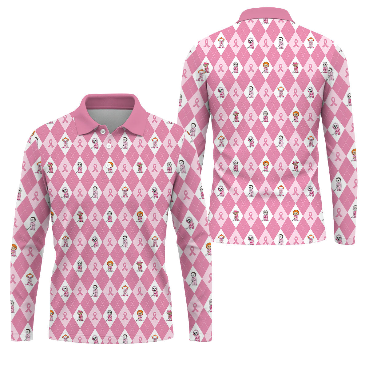 Pink Argyle Horror Character Breast Cancer Polo Shirt, Golf Shirts For Men, Mens Golf Shirts