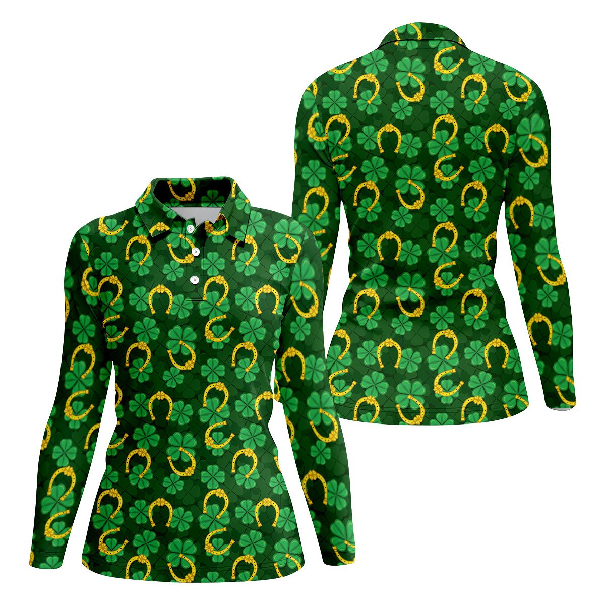 Four Leaf Clovers Golden Horseshoes St Patrick's Day Golf Shirt, Women's Golf Tops, Ladies Golf Polos