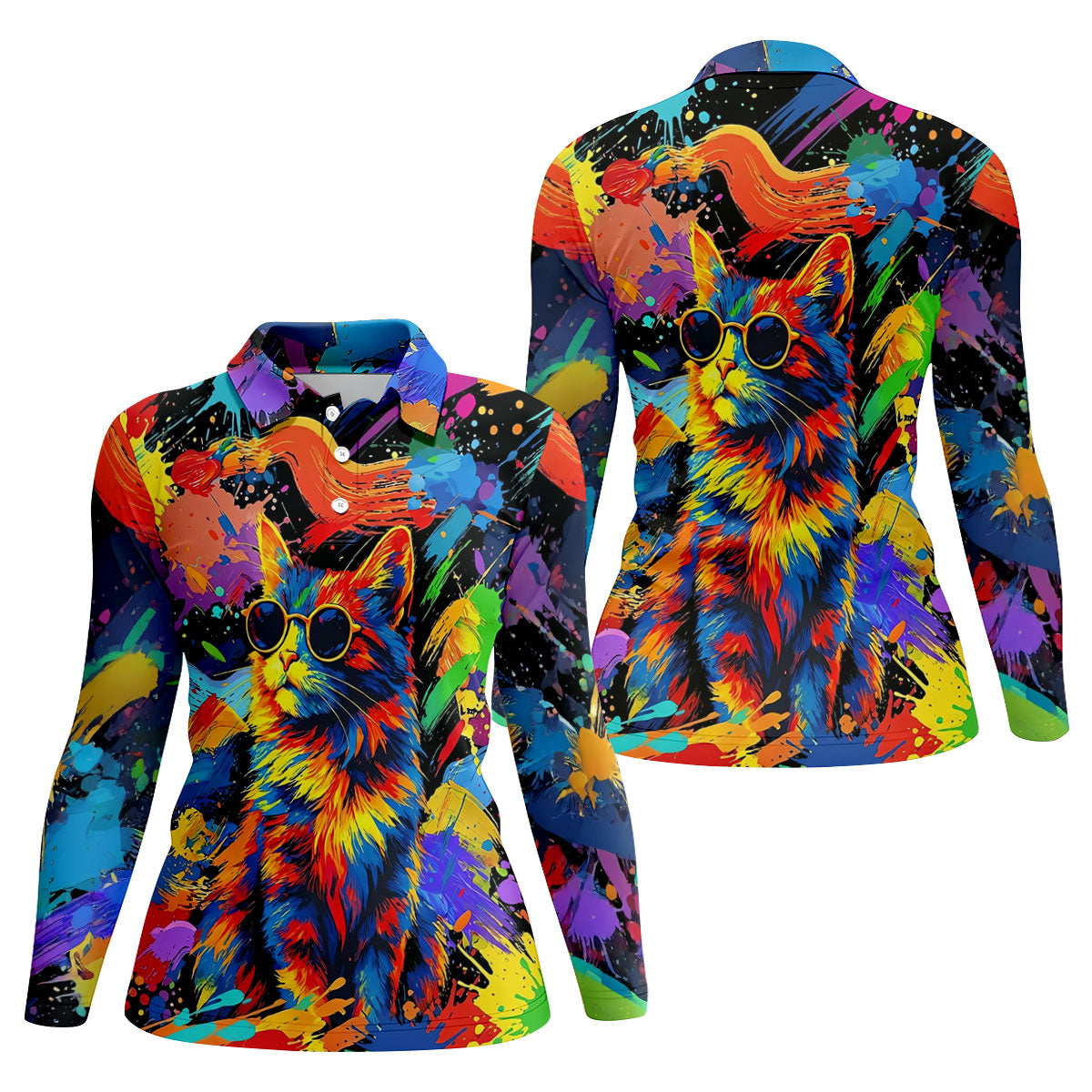 Colorful Cat Sunglasses Paint Splash Golf Shirt, Women's Golf Tops, Performance Golf Shirt