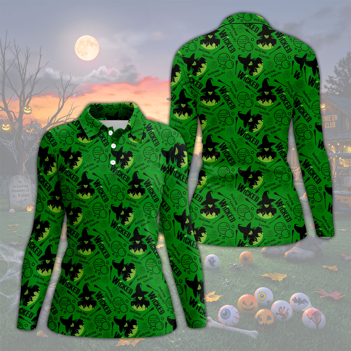 Green Witch Bubble Pattern Halloween Polo Shirt, Ladies Golf Shirts, Golf Polo For Women