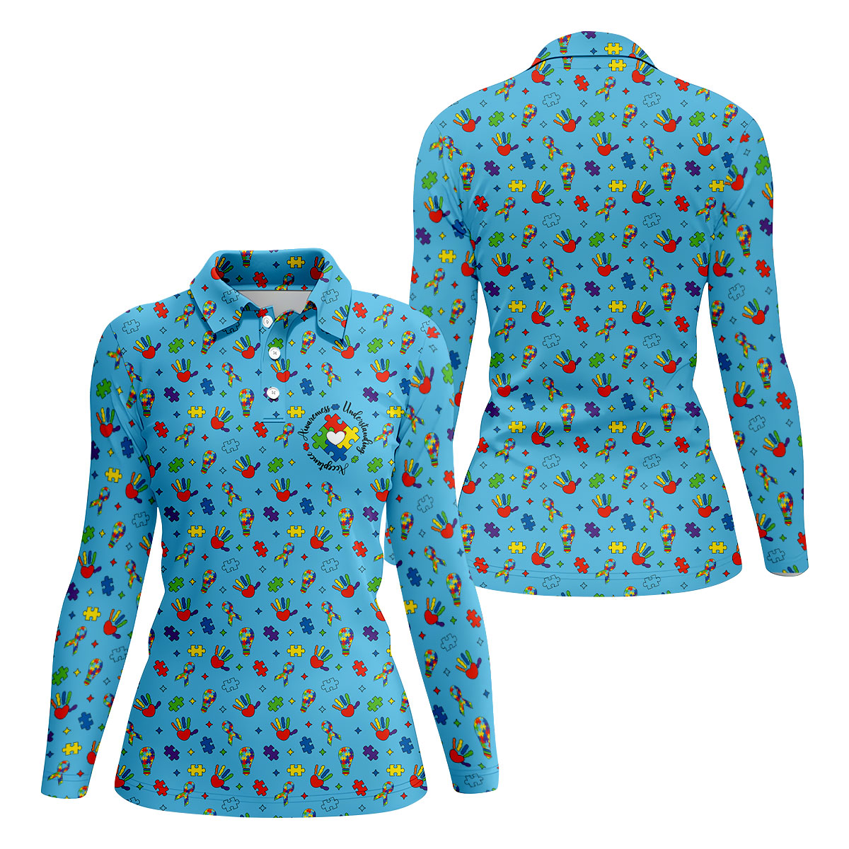 Awareness Understanding Acceptance Autism Ribbon Blue Golf Shirt, Autism Awareness Colors Women's Golf Tops