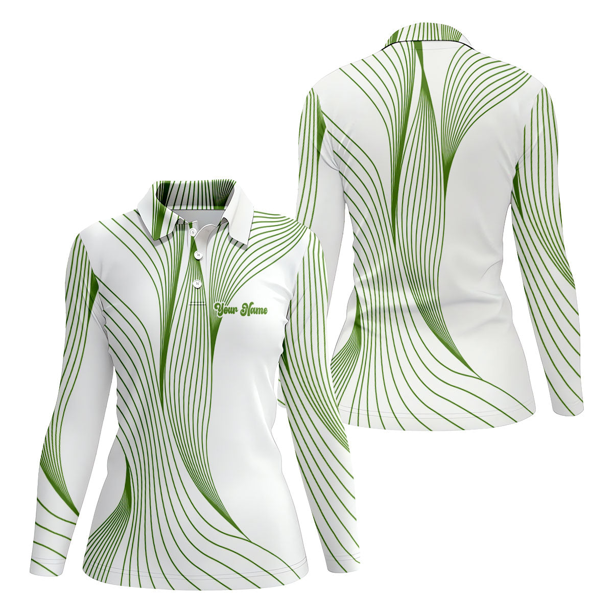 Geometric Line Wavy Line Green And White Custom Name Women's Golf Tops, Ladies Golf Shirts, Women's Polo Shirt