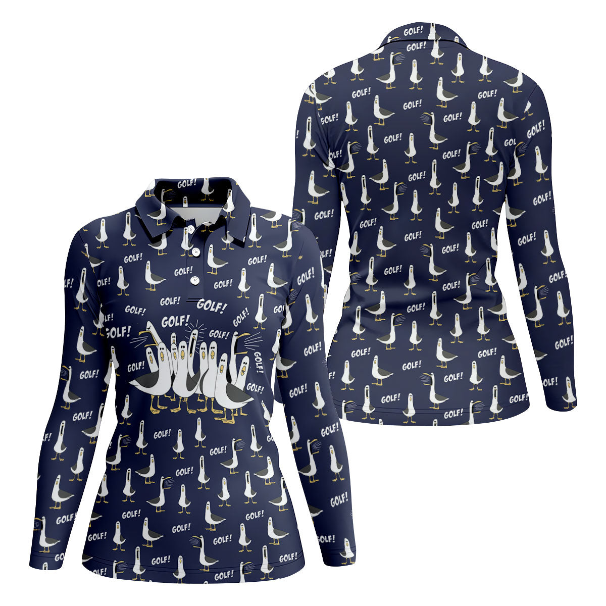 Funny Seagull Halloween Golf Shirt, Cartoon Bird Pattern, Women's Golf Apparel, Printed Golf Shirt