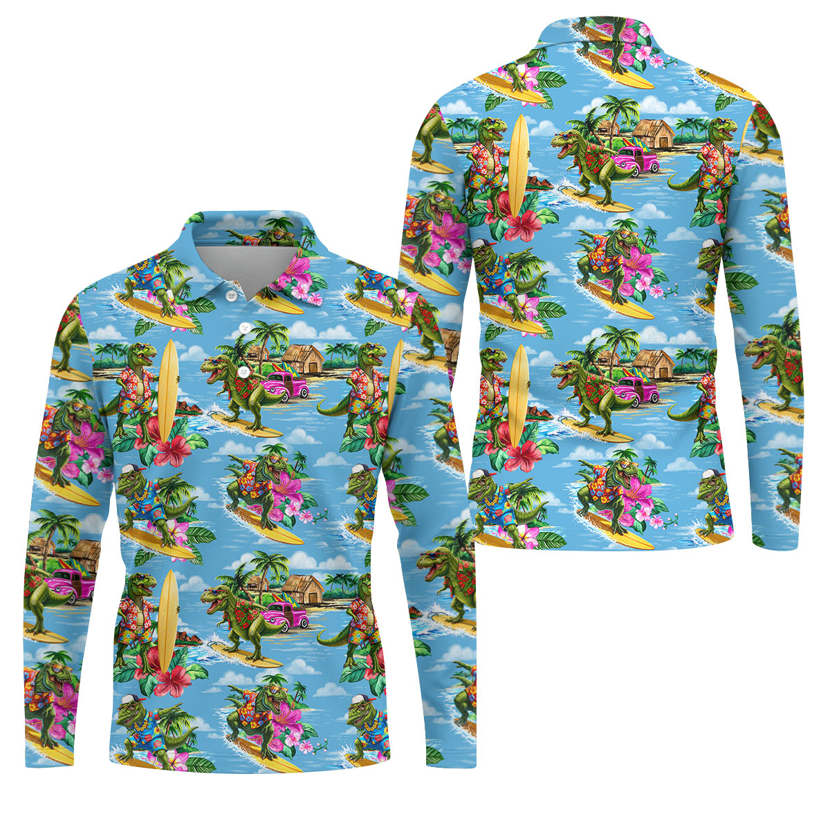 Hawaiian T Rex Surfboard Beach Hawaiian Golf Shirt, Mens Golf Polo, Printed Golf Shirts