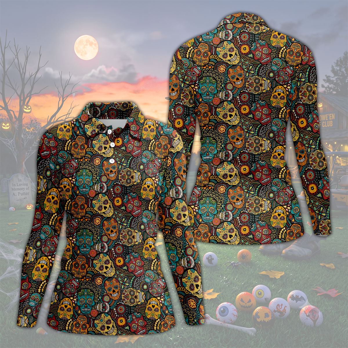 Colorful Sugar Skull Halloween Polo Shirt, Golf Shirts For Women, Women’s Golf Apparel