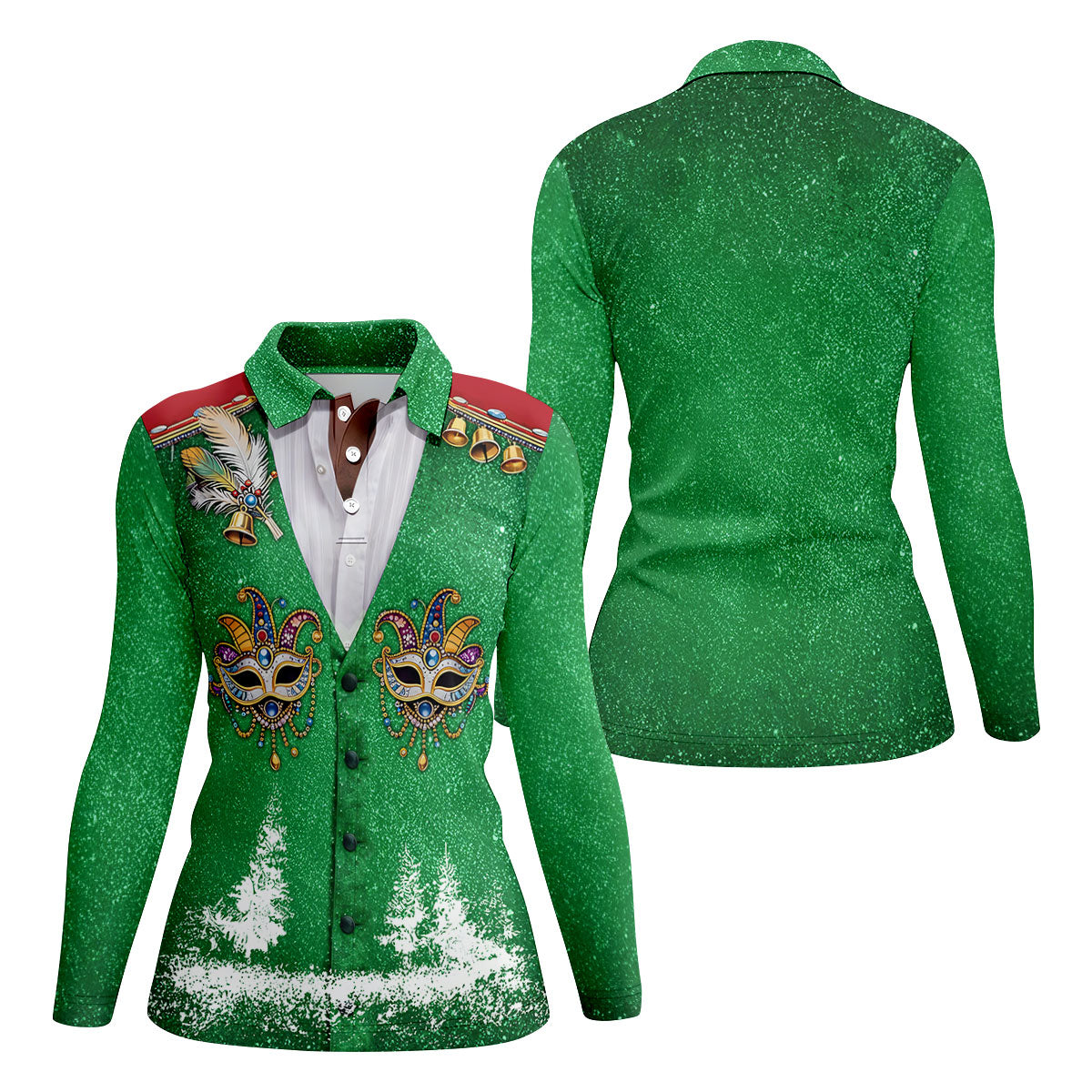 Masquerade Mask Feather Mardi Gras Glitter Print Green Golf Shirt, Women's Golf Tops, Ladies Golf Shirts