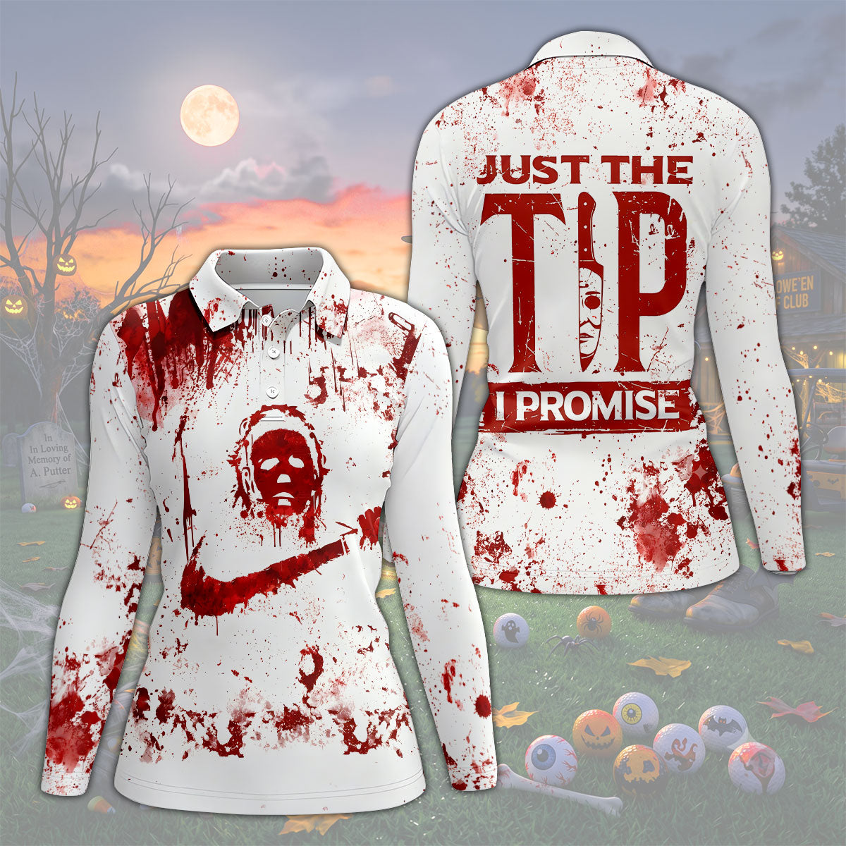 Just The Tip I Promise Halloween Horror Polo Shirt, Ladies Golf Shirts, Womens Golf Tops