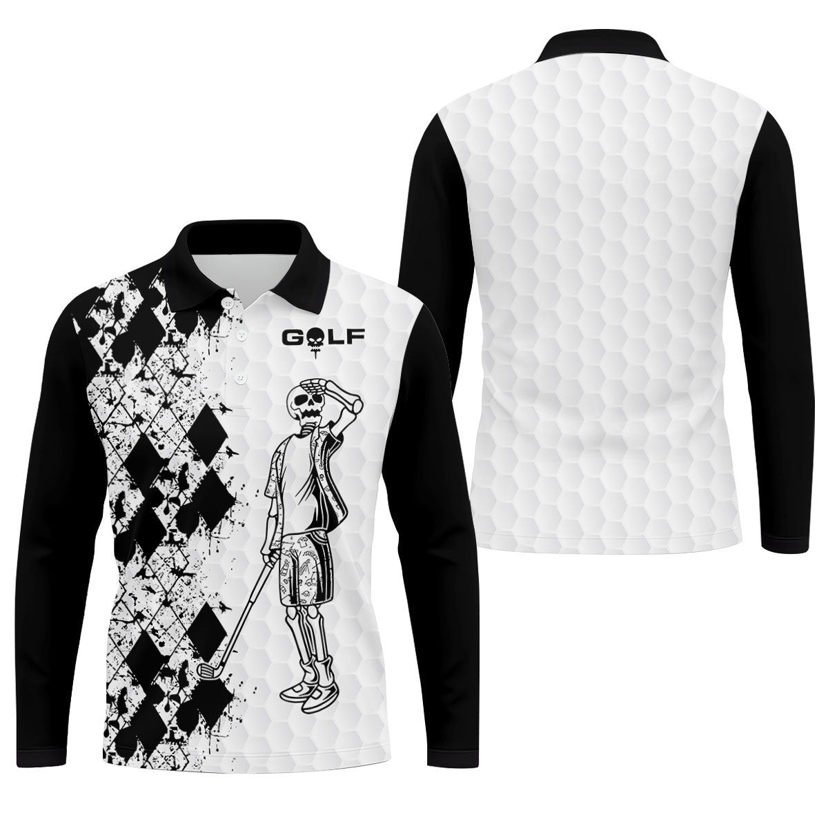Golf Skeleton Splatter Effect Argyle Pattern Golf Tops For Men, Father's Day Golf Gift