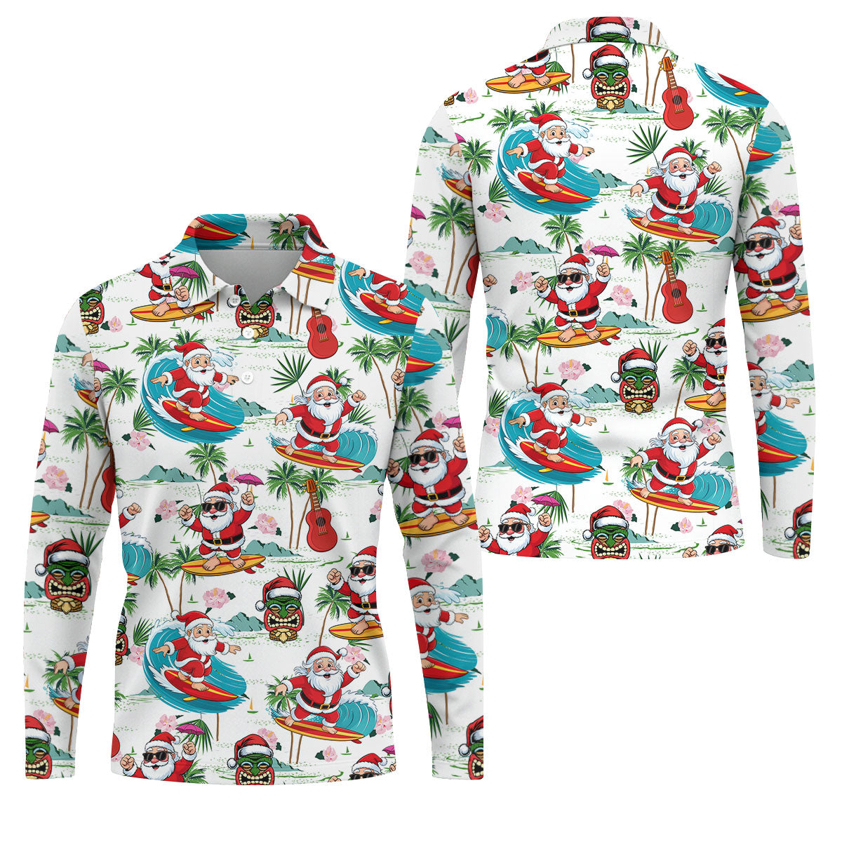 Tropical Christmas Surfing Santa Golf Polo Shirt, Mens Golf Polo, Golf Apparel For Men