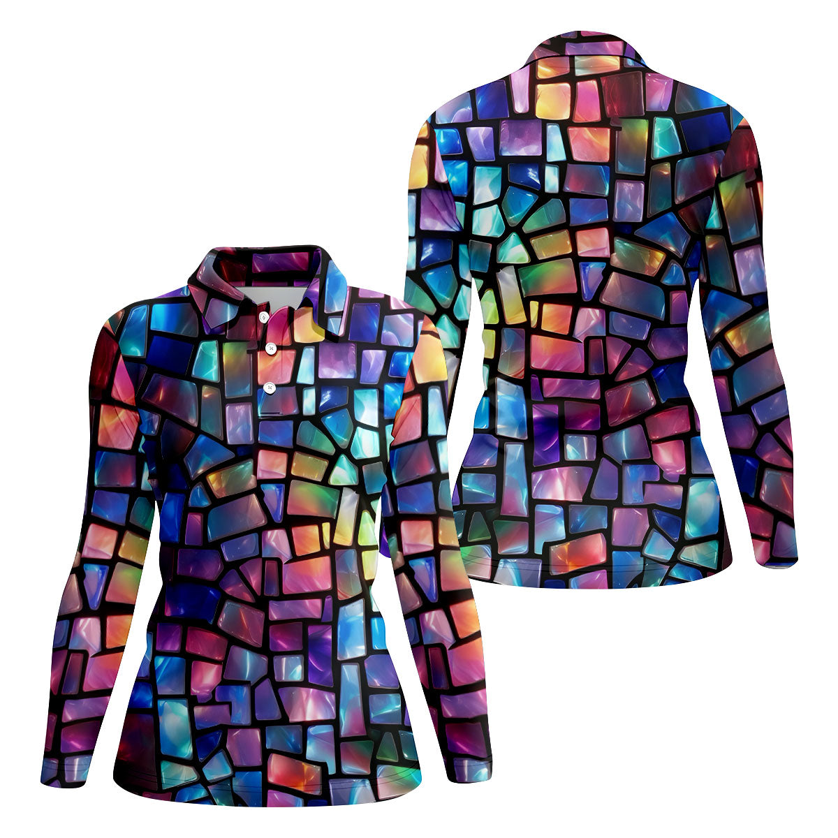 Colorful Stained Glass Mosaic Pattern Golf Shirt, Ladies Golf Shirts, Women’s Golf Apparel, Performance Golf Shirt