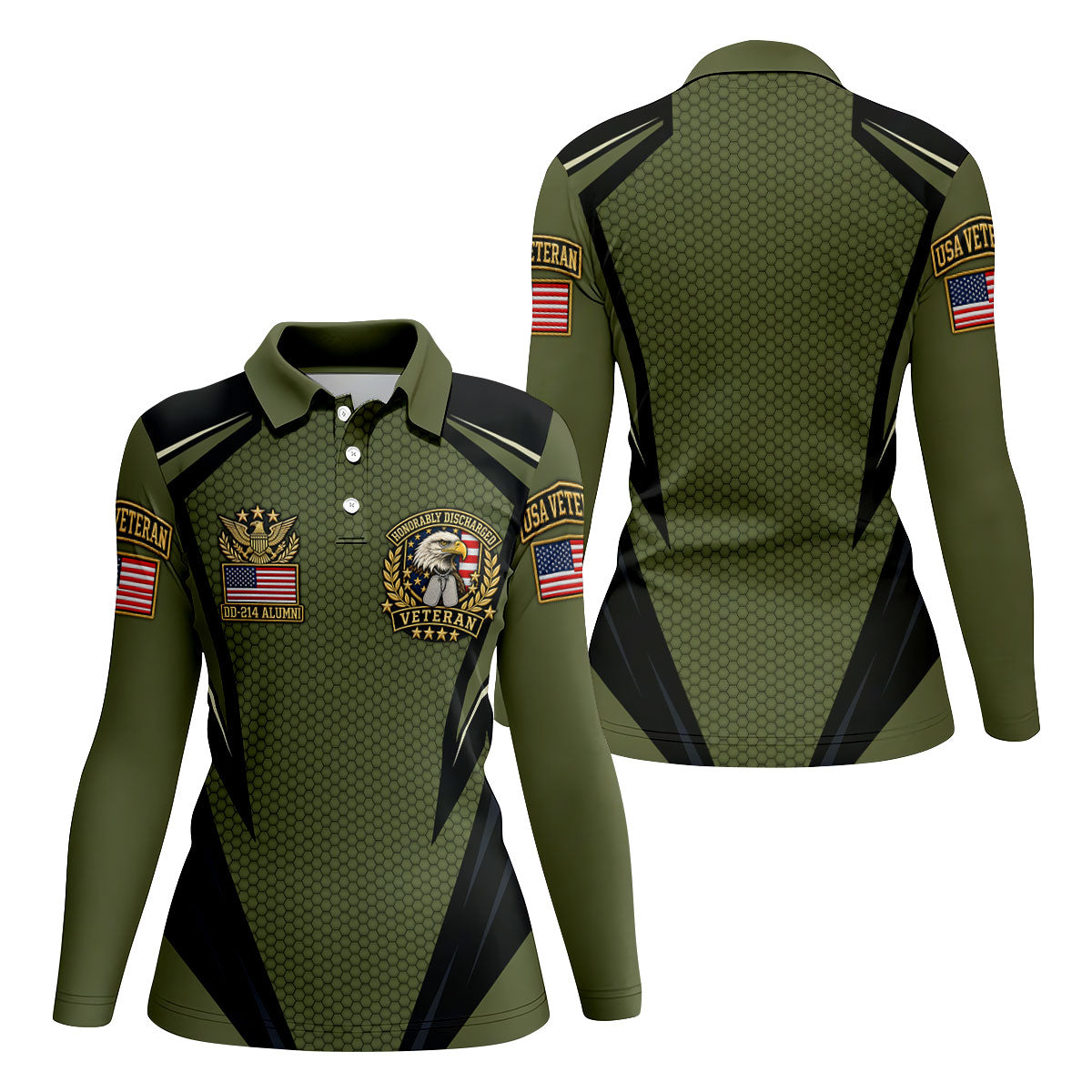 DD-214 Olive Hexagon Golf Polo Shirt, Golf Shirts For Women, Veterans Day Golf Shirt
