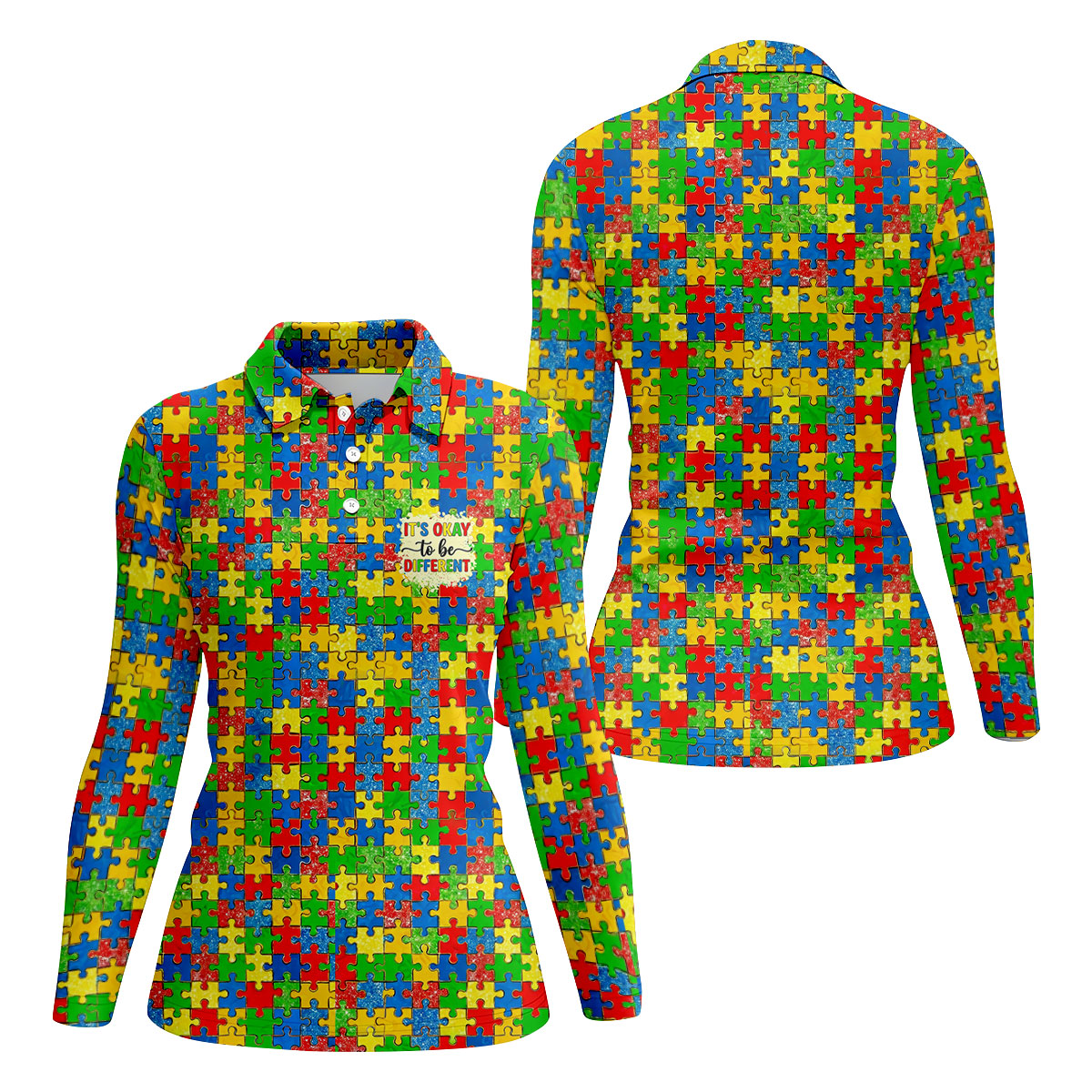 It's Okay To Be Different Colorful Puzzle Pattern Autism Awareness Golf Shirt For Women, Ladies Golf Polos