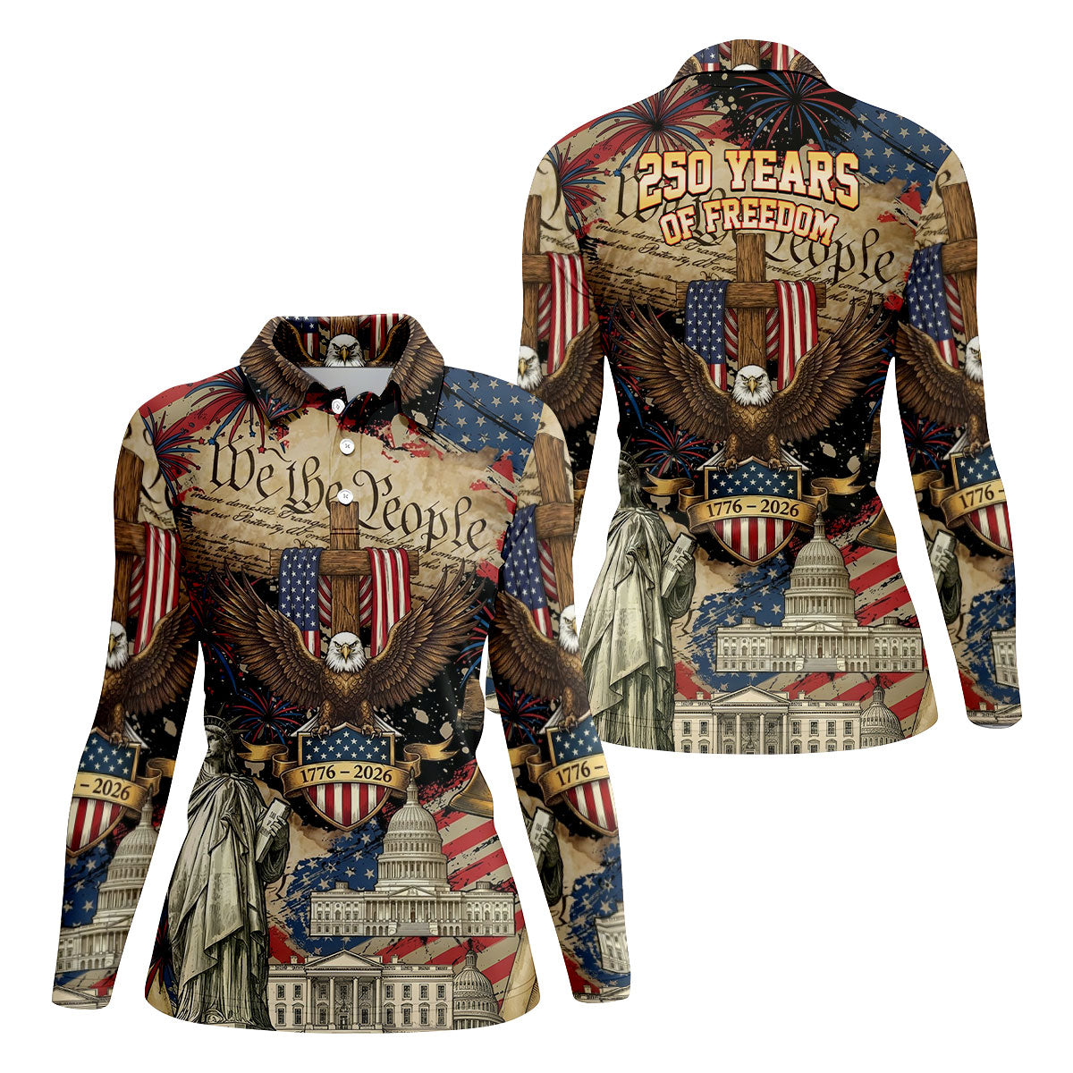 Patriotic Eagle Statue Of Liberty We The People 250 Years Ladies Golf Tops, 4th Of July Golf Shirt For Women