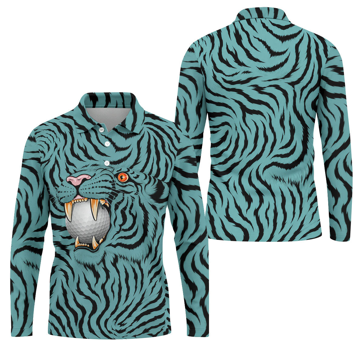 Funny Striped Tiger Biting Golf Ball Polo Shirt, Polo Shirts For Men, Mens Golf Apparel