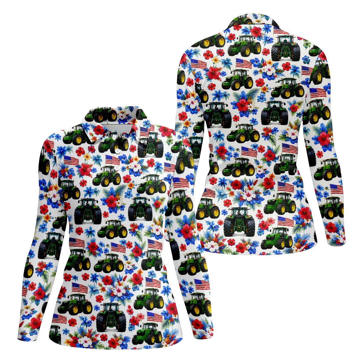 American Tractor Golf Shirt, Patriotic Wildflower Country Farm Pattern, Golf Shirt For Women