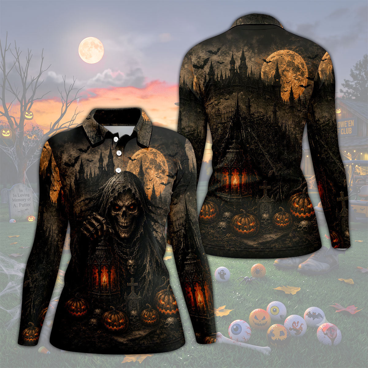 Grim Reaper Lantern Halloween Horror Character Polo Shirt, Women's Golf Tops, Womens Golf Tops