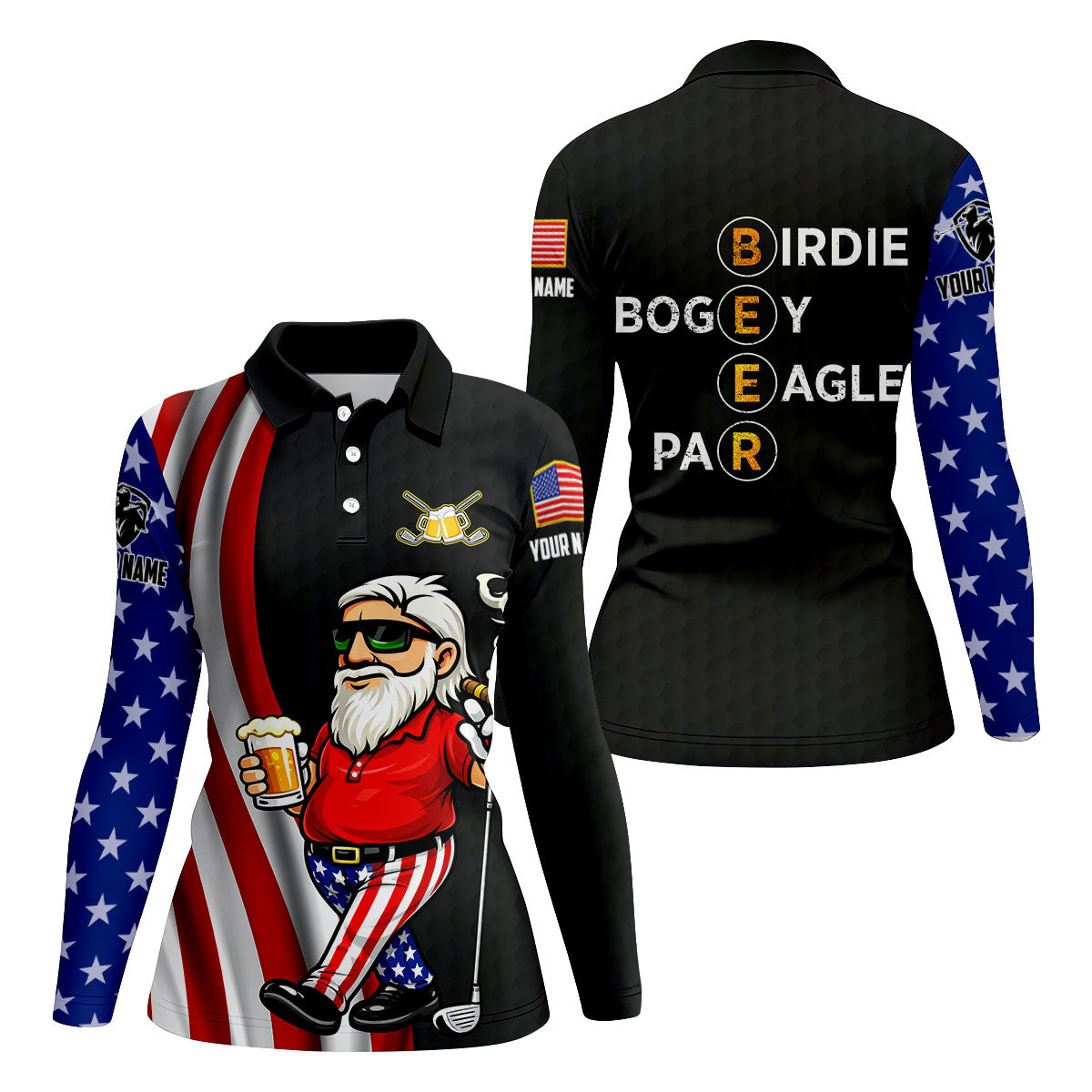 Patriotic Man Golf And Beer Funny 4th Of July Black Golf Shirt, 250 Years Of America Women's Golf Tops