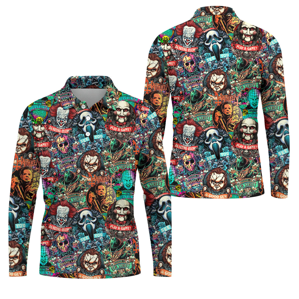 Play A Game Horror Character Golf Polo Shirt, Halloween Shirt For Men, Mens Golf Shirts
