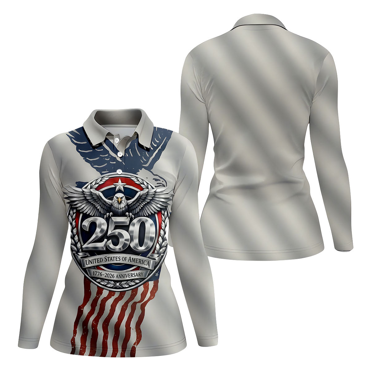 250 US 1776-2026 Anniversary Silver Print Ladies Golf Tops, Patriotic 4th Of July Golf Shirt For Women