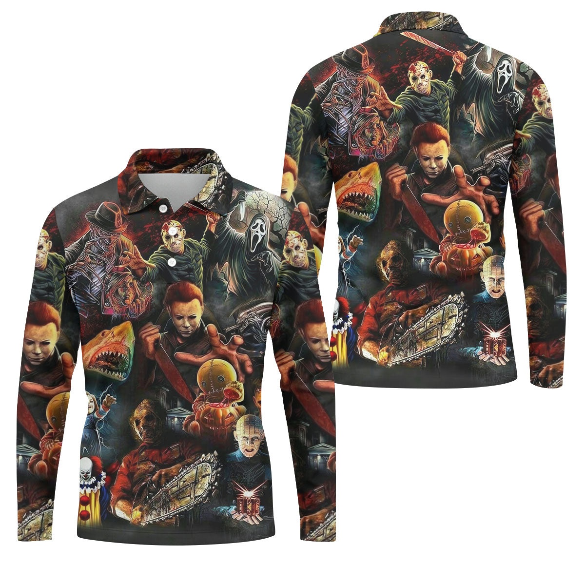 Halloween Horror Character Collage Golf Shirt, Men's Golf Shirt, Hawaiian Golf Shirt