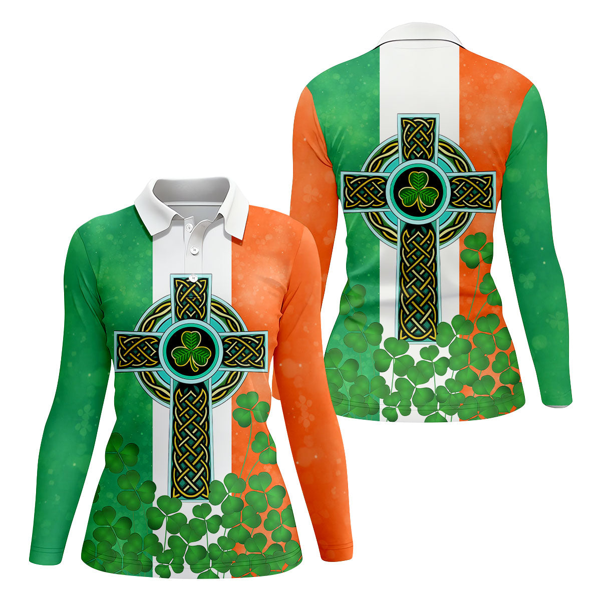 Celtic Cross Knotwork St Patrick's Day Shamrock Golf Shirt, Women's Golf Tops, Ladies Golf Shirts