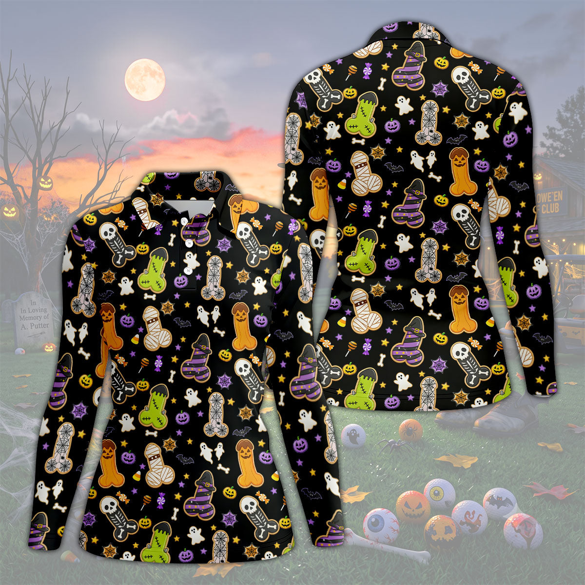 Funny Adult Halloween Cookie Pattern Polo Shirt, Ladies Golf Top, Printed Golf Shirt